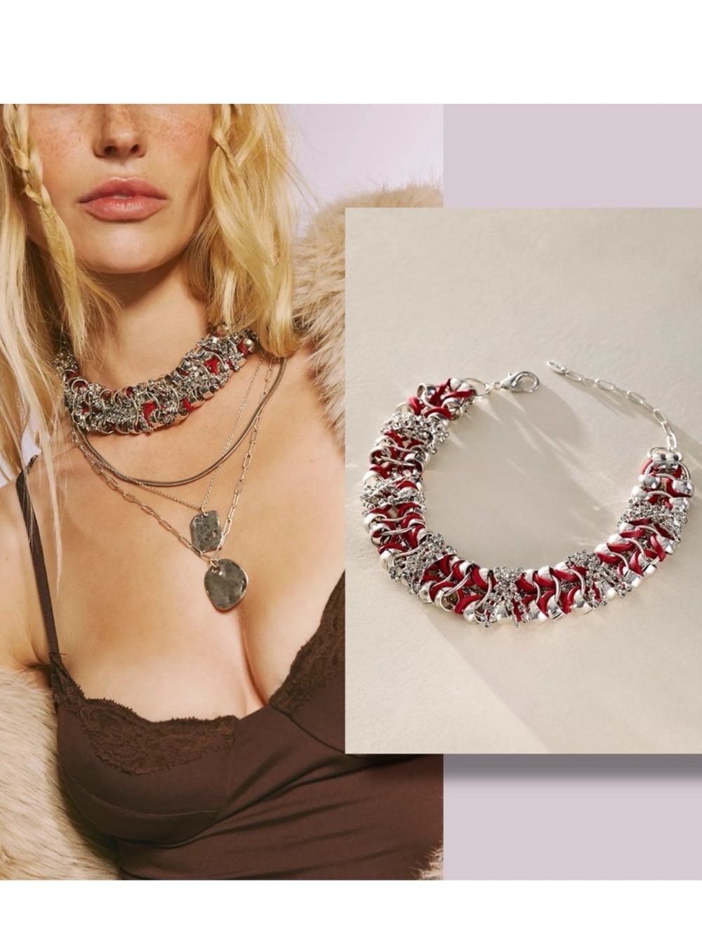 Free People Chunky Leather Rhinestone Ash Choker Collar Necklace red NWT